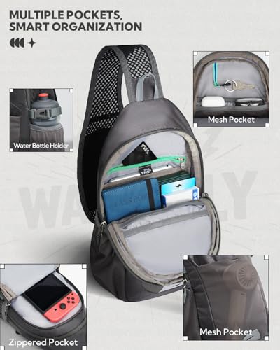 WATERFLY Packable Crossbody Sling Bag: Small Lightweight Travel RFID Blocking Sling Daypack with Water Bottle Holder - Shoulder Chest Bag Backpack for Women Men Hiking Traveling Theme Parks - color: Gray