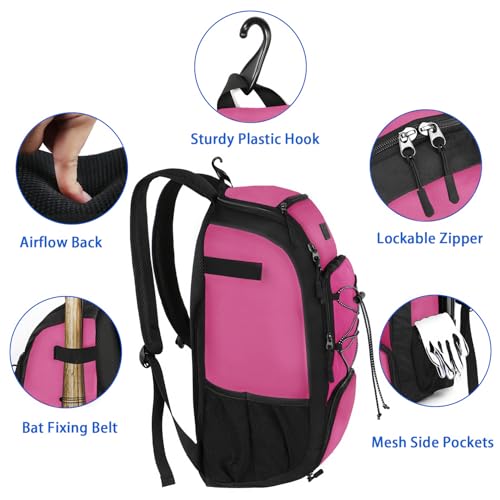 MATEIN Baseball Backpack, Softball Bat Bag with Shoes Compartment for Youth, Boys and Adult, Lightweight Baseball Bag with Fence Hook Hold TBall Bat, Batting Mitten, Helmet, Caps, Teeball Gear - color: Pink Black, size: 47L