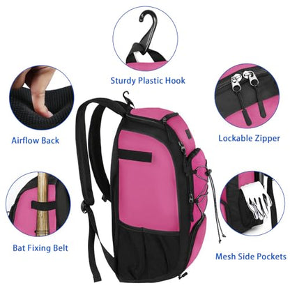 MATEIN Baseball Backpack, Softball Bat Bag with Shoes Compartment for Youth, Boys and Adult, Lightweight Baseball Bag with Fence Hook Hold TBall Bat, Batting Mitten, Helmet, Caps, Teeball Gear - color: Pink Black, size: 47L