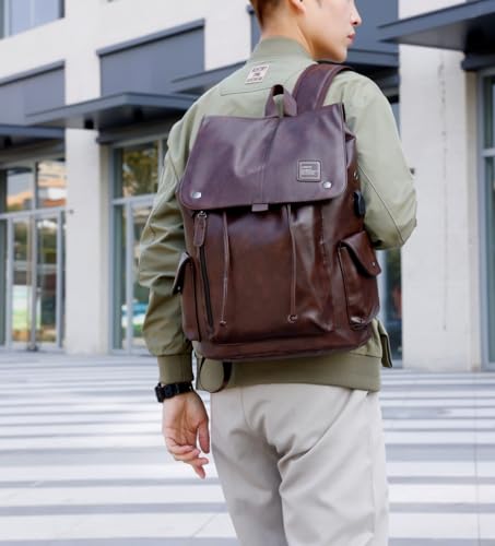 Soft leather backpack, casual PU backpack men women. USB charging port. Suitable for work, commuting, traveling, etc. Waterproof. (Brown) - color: Brown