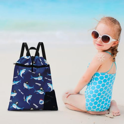 Blue Shark Drawstring Backpack, 15” x 17” Waterproof Swim Bag for Beach Swimming Pool, Lightweight Foldable Gym Bag with Water Bottle Holder for Sports Travel - color: Blue Sharks