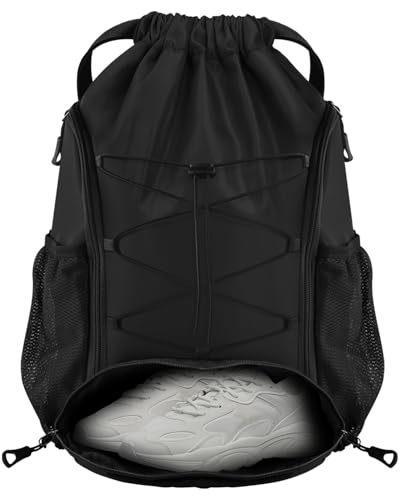 BROTOU Soccer Bags, Football Backpack, Volleyball Bag, Drawstring Soccer Backpack with Ball and Shoe Compartment - color: Black