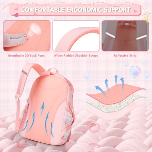 MUSEVOS Girls Backpack with Lunch Bag, Kindergarten Elementary Middle School Backpack, Multiple Compartments Large Capacity Kids Bookbag 3 Pcs Set(Pink) - color: Pink-3pcs Set