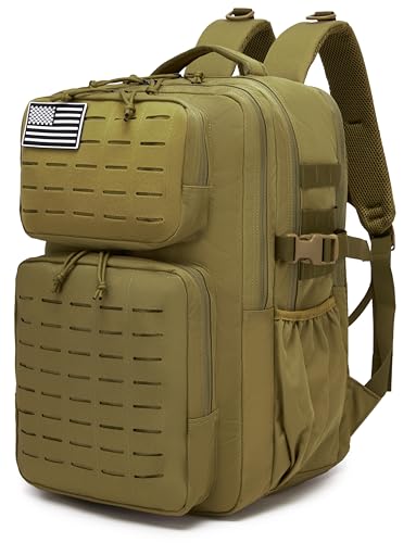 Wotony Military Tactical Backpack for Men Waterproof Daypack 3 Day Assault Pack Laser-Cut MOLLE Webbing Design with Water Bottle Holder Black Small Tactical Assault Bag (Khaki, 35L) - color: Khaki, size: 35L