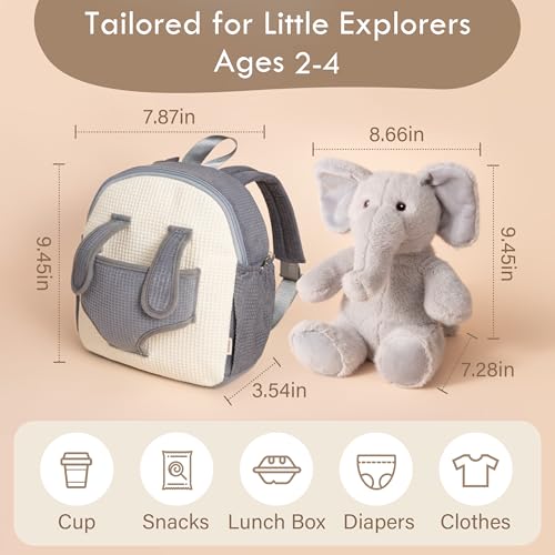 Moonkie Hug & Go™ Elephant Toddler Backpack – Soft Plush Bag with Take-Along Toy for Boys Aged 2–4 | Ideal for Daycare, Travel & Birthday Gifts - color: Elephant