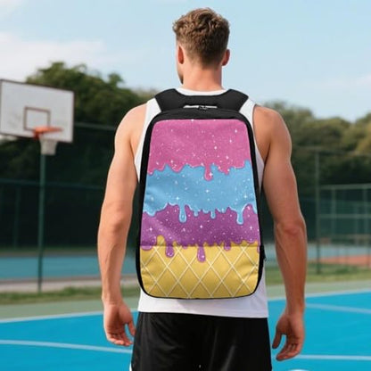 18.5in Basketball Backpack Basketball Bag with Shoe Compartment & Ball Holder, Waterproof Bag for Soccer Volleyball - color: Layered Ice Cream Print