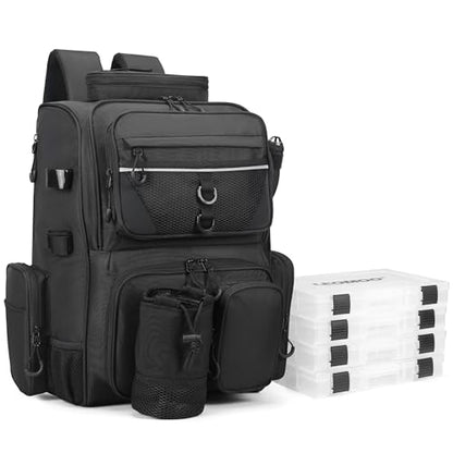 Fishing Tackle Backpack With Rod Holders, Large 40L Fishing Backpack for Camping, Hiking - style: 4 Tackle Boxes Included