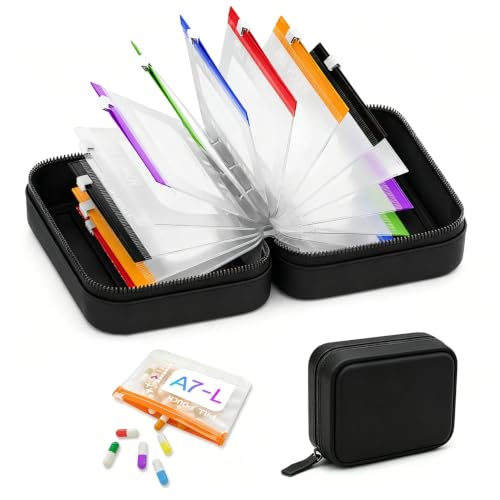 Waterproof Pill Organizer Set, Waterproof Pill Pouch Set, Large Pill Storage with 14 Color-Coded Pouches and Zipper, Reusable Travel Medicine Organizer for Vitamins Supplements Fish Oils (Black) - color: Black