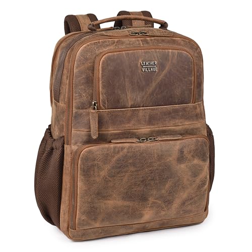 LEATHER VILLAGE Vintage Leather Laptop Backpack for Men & Women, Professional Business Bag Fits 17”- Laptop, Travel Hiking Daypack with Trolley Strap - Tan Brown - color: Rustic Brown