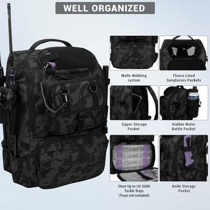 Fishing Backpack with Rod Holders,40L Large Water-resistant Fishing Tackle Bag with Cooler,Tackle Box Backpack