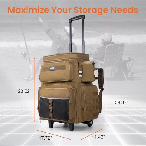 Goture 66L Rolling Tackle Box w/Cooler, Khaki Large Fishing Bag w/Wheels - color: Khaki, size: With (5) 3700 Trays