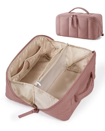 BAGSMART Travel Makeup Bag for Women, Portable Water-resistant Cosmetic Case, Puffy Padded Make Up Organizer Pouch, Open Flat Toiletry Bag for Toiletries, Brushes, Dark Pink - color: 06-Dusty Rose Pink