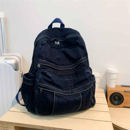Dark Wash Denim Jean Backpack for Women & Men Retro Aesthetic Rucksack Basic Backpack for High School/College Students Travel Laptop Bag - color: Dark Denim