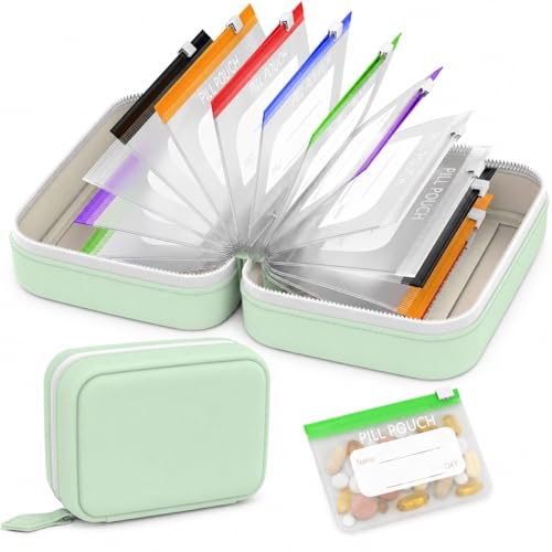 Waterproof Pill Organizer Binder with 14 Color-Coded Pouches, Green Travel Pill Organizer Pouch Set, Portable Pill Binder with Zipper Case for Meds, Vitamins, Supplements & Daily Essentials