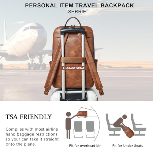 Shrrie 17 inch Leather Laptop Backpack for Women, Large Travel Backpack with 6 Compartments, Vegan Leather Computer backpack purse for WORK Casual Daypack College - color: Brown