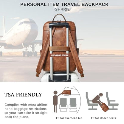Shrrie 17 inch Leather Laptop Backpack for Women, Large Travel Backpack with 6 Compartments, Vegan Leather Computer backpack purse for WORK Casual Daypack College - color: Brown