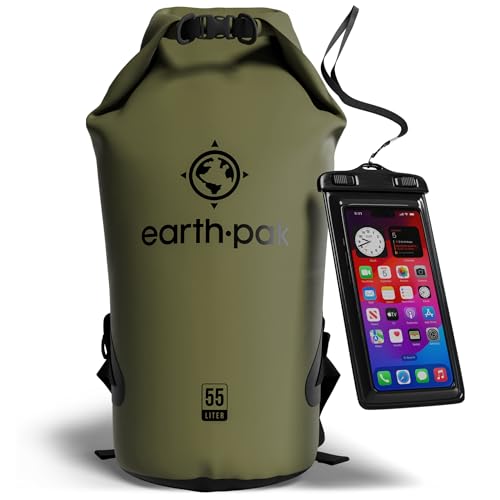 Earth Pak Waterproof Dry Bag - Roll Top Waterproof Backpack Sack Keeps Gear Dry for Kayak with Waterproof Phone Case - color: Forest Green, size: 55L