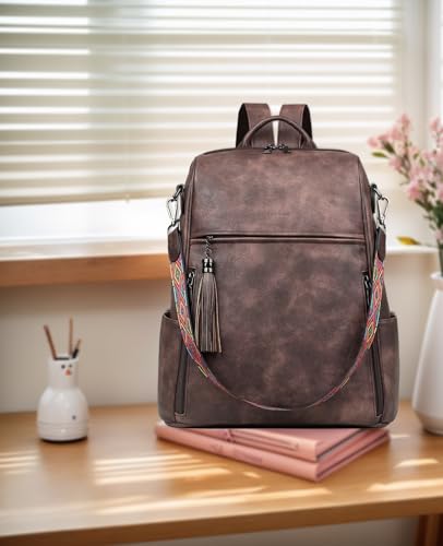 FADEON Leather Laptop Backpack for Women Designer 15.6 inch PU Laptop Bag, Ladies Travel Computer Work Backpack Coffee Brown - color: Coffee Brown Retro Style