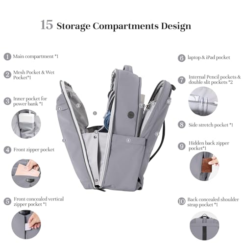 Timeet Travel Backpack for Women Men, 32L 4 In 1 Carry on Luggage Backpack, TSA Friendly Flight Approved 17 Inch Laptop Backpack, Waterproof Travel Bag for Work School Camping Hiking, Elegant Gray - color: Elegant Gray