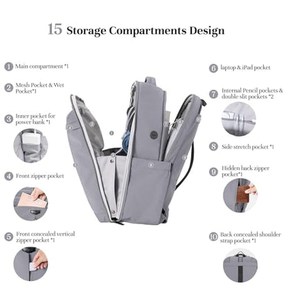 Timeet Travel Backpack for Women Men, 32L 4 In 1 Carry on Luggage Backpack, TSA Friendly Flight Approved 17 Inch Laptop Backpack, Waterproof Travel Bag for Work School Camping Hiking, Elegant Gray - color: Elegant Gray