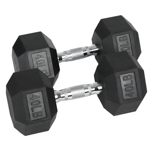 HolaHatha 2-Pack Hexagonal Rubber Dumbbell Weights Set, Home Gym Equipment, 40 Lbs, Black - Portable Weighted Exercise Dumbbells for Fitness, Training, and Lifting Workouts