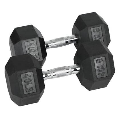 HolaHatha 2-Pack Hexagonal Rubber Dumbbell Weights Set, Home Gym Equipment, 40 Lbs, Black - Portable Weighted Exercise Dumbbells for Fitness, Training, and Lifting Workouts