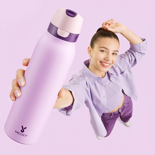 Meoky 24 oz Stainless Steel Slim Water Bottle: Leak Proof Locking Lid, 2-in-1 Straw and Spout, 24 Hours Cold, Top Handle, BPA Free, Insulated Water Bottle for Women Sports Travel Gym, Lavender - color: Lavender