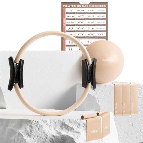 PhysKcal Pilates Kit, 15-Inch Pilates Ring with 1x Core Ball, 3X Resistant Loops and 2X Flex Bands, Home Pilates Equipment Set and Mat Pilates Essential Kit - color: Nude