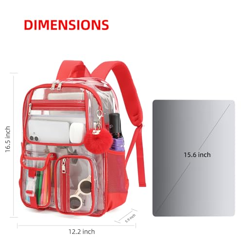 Clear Backpacks for Girls Women, Heavy Duty PVC Transparent School Bookbag See Through Back Pack for College Work Travel (Red) - color: Red