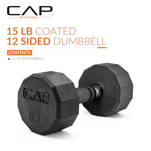 CAP Barbell Coated Hex Dumbbell Weight - Single | 10-120 lbs | Multiple Options - size: 15 lb, style: 12-Sided - Black Handle