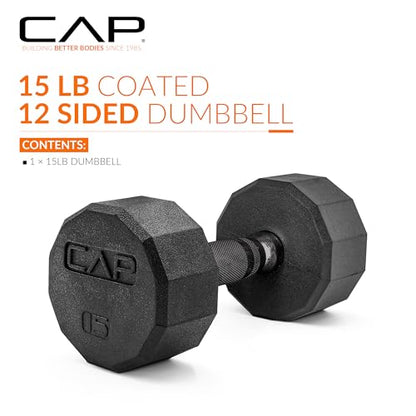 CAP Barbell Coated Hex Dumbbell Weight - Single | 10-120 lbs | Multiple Options - size: 15 lb, style: 12-Sided - Black Handle