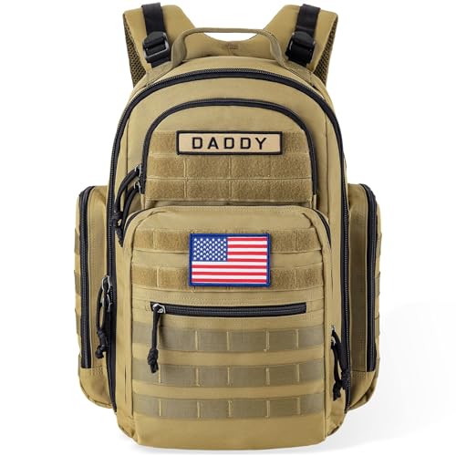 SHARKMOUTH Diaper Bag Backpack for Dad and Mom, Military Molle diaper Pack with Insulated Bottle Holders and Wipe Pocket - color: Tan