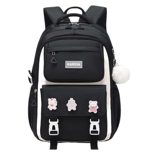 Cute Backpack for Kids Teen Girls Boys Kawaii Aesthetic Elementary Middle School Student Bookbag Preppy Laptop Backpack for Ages 6-8 8-10 10-12 with Pin Accessories Plush Pendant, Black - color: Black, size: Small
