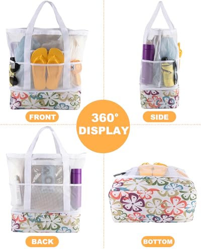 CaCTOUR Beach Bag with Cooler Compartment,Mesh Beach Bag Dry Wet Detachable with Zipper Pockets,Waterproof Sandproof Pool Bag - color: White