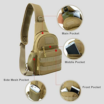 BraveHawk OUTDOORS Sling Chest Bag, 900D Nylon Tactical MOLLE Compact Crossbody Hiking Cycling Pack - color: Khaki