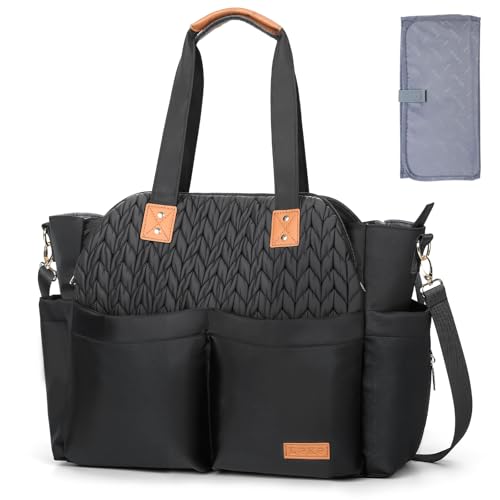Lekebaby Diaper Bag Tote for Baby - 17 Pockets Large Travel Diaper Tote with Portable Changing Pad, Mom Crossbody Hospital Bag for Labor Delivery, Waterproof, Baby Essentials for Newborn Gifts, Twill - color: Black