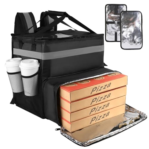 Food Delivery Bag,Large Insulated Backpack for Doordash/Uber Eeats, Expandable Cooler Bags for Bike/Motorcycle with Reflective Strip and Cup Holders,Reusable Pizza Food Delivery Bag with Hand Straps - color: Black, size: XX-Large（Expandable）