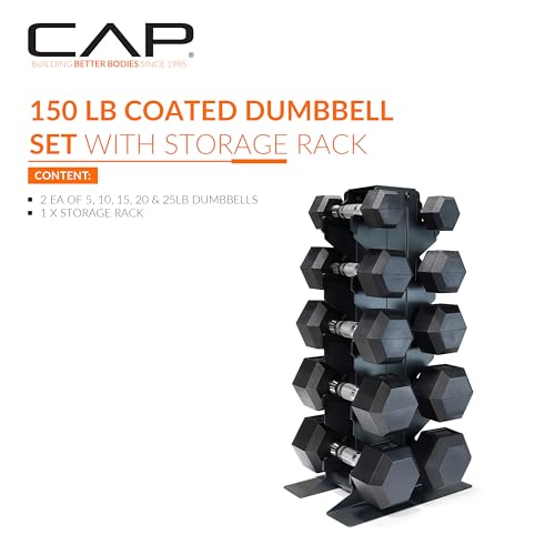 CAP Dumbbell Set with Rack, Rubber Coated Hex Free Weight Set | 100–300 lb Options, Vertical Space-Saving Storage for Home Gym Strength Training - size: 150 lb Set - Black Rack, style: Chrome Handle
