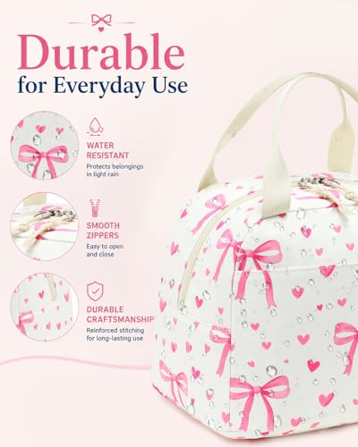 CAMTOP Girls Backpack with Lunch Box Set, Cute Bow School Backpack for Kids, 3-in-1 Lightweight Lunch Bag and Pencil Pouch - color: Beige Pink Heart