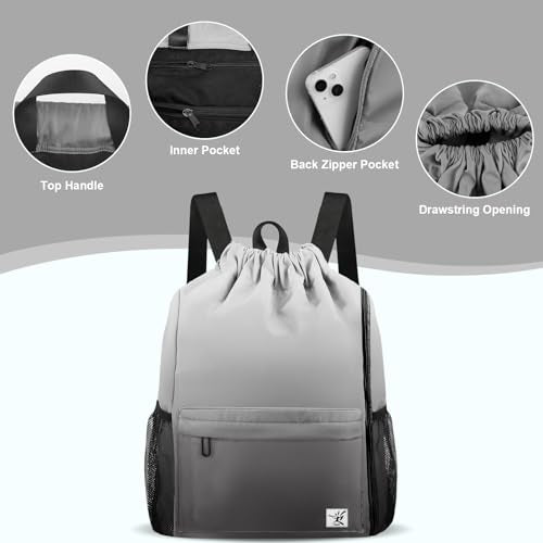 Drawstring Backpack with Mesh Pockets String Gym Bag Sackpack Sandproof Water Resistant Beach Backpack for Men Women - color: Gradient Gray