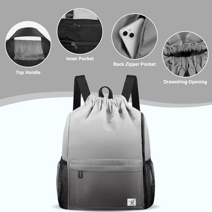 Drawstring Backpack with Mesh Pockets String Gym Bag Sackpack Sandproof Water Resistant Beach Backpack for Men Women - color: Gradient Gray