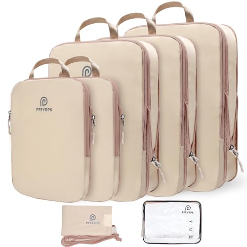 PFEYRPK Lightweight Compression Packing Cubes for Suitcases, Compressible Expandable Travel Packing Organizer with Clear Toiletries and Backpack Bag, Travel Essentials for Carry on Luggage 7 Set - color: Khaki, size: 7 Set