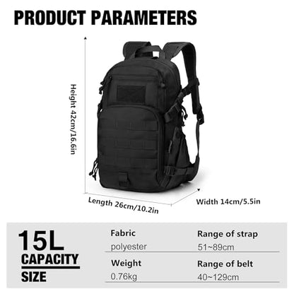 Mardingtop Small Tactical Backpack,Molle Hiking Backpack for Backpacking,Cycling and Biking,15L/25L Backpack - color: Black, size: 15L