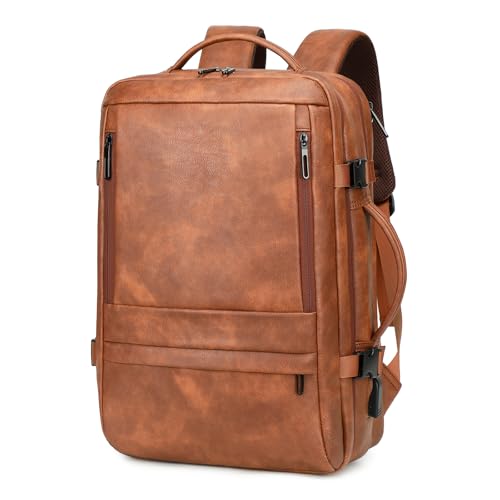 Travel Backpack for Women, PU Leather Carry On Backpack Flight Approved with Laptop Compartment, 40L Expandable Personal Item Travel Bag for Traveling Weekender Business (Brown) - color: Brown