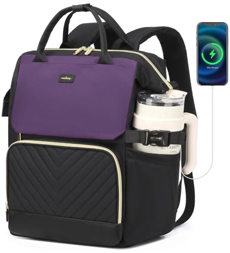 Computer Backpack for Women, Work Bag Laptop Bookbag with Cup Holder & USB Charger for Teacher Nurse College Travel Back Pack, Gifts, Black DarkPurple - color: Black Darkpurple, size: 15.6in