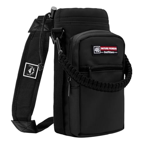 NATURE PIONEOR Water Bottle Holder with Adjustable Strap - 26/32/36/40/46/64oz Insulated Water Bottle Sling Carrier with Paracord Handle & 2 Pockets, Outdoor Sports, Hiking, Camping, Gym - color: Black, size: 40-46oz