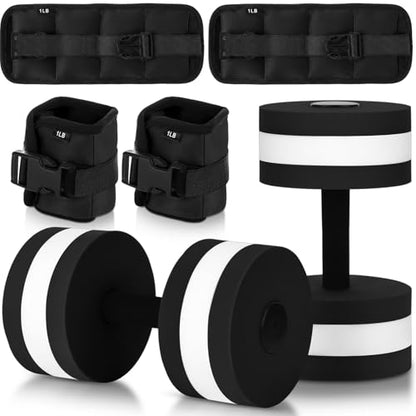 Hollowfly Water Aerobics Set, 4 Piece Pool Exercise Kit (2 Aquatic Dumbbells + 2 Ankle/wrist Weights), EVA Foam, Low-impact Workout - color: Black, size: 1lb