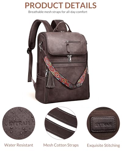 SYTRAH Leather Laptop Backpack for Women Designer Laptop Bag, 16.5 inch Travel Computer Backpacks Purse with Tassel for Work Business with Satchel Purse Dark Coffee - color: Dark Coffee