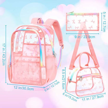 gxtvo 3PCS Transparent Backpack for Girls Heavy-Duty Set for Women & Teen, 17" Pink Clear Bookbag with Rainbow Strap, Sweet Bow See Through School Bag - color: Pink Elegant Bow Clear Backpack Set
