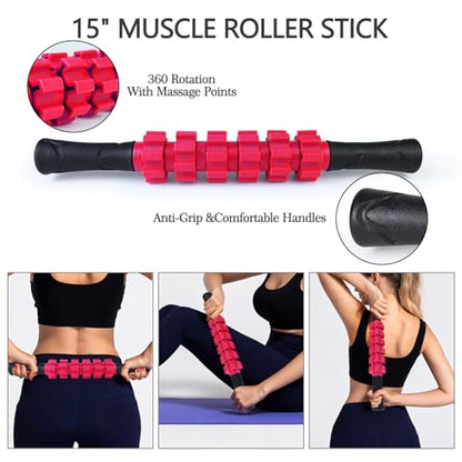 JOYENERGY 5 in 1 Foam Roller Set, Trigger Point Foam Roller Patented, Massage Stick, Massage Ball, Resistance Band for Deep Muscle Massage Pilates Yoga, Fitness Exercise for Whole Body - color: Rose Red
